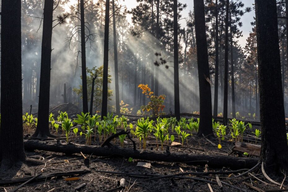 Fotografie przedstawiają fragment lasu po pożarze