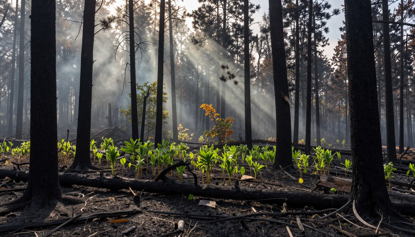 Fotografie przedstawiają fragment lasu po pożarze